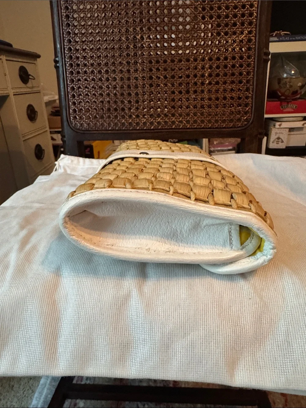 Vintage kate spade Natural Straw Clutch with White Leather Trim and Turn-Lock